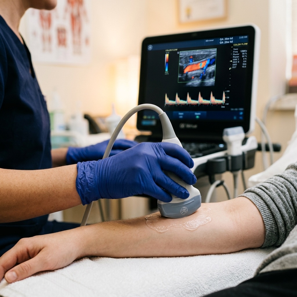 Close-up of a sonographer performing a vascular ultrasound with color Doppler imaging on screen