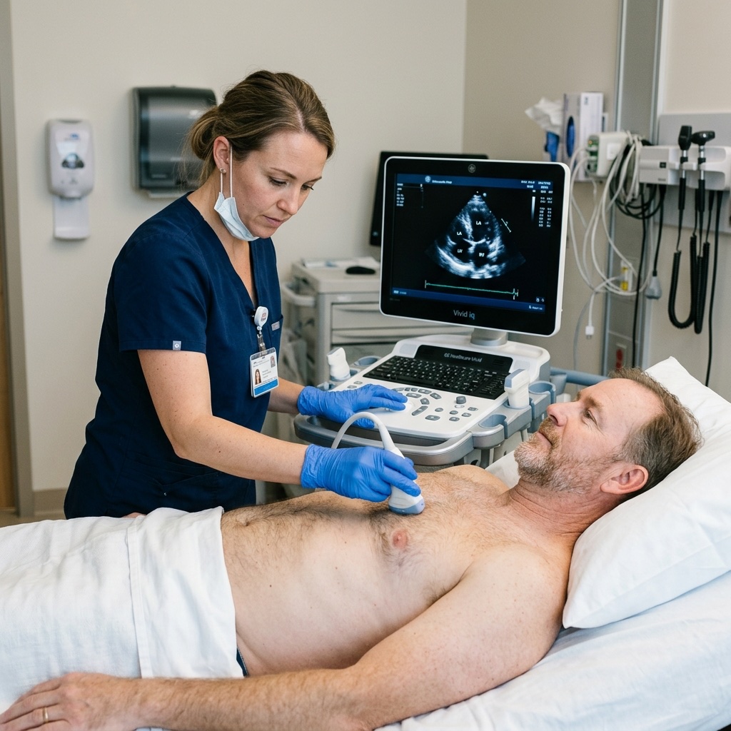 Sonographer performing cardiac echocardiogram on patient