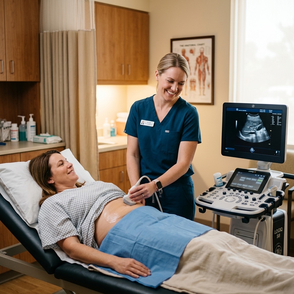 Sonographer performing general abdominal ultrasound