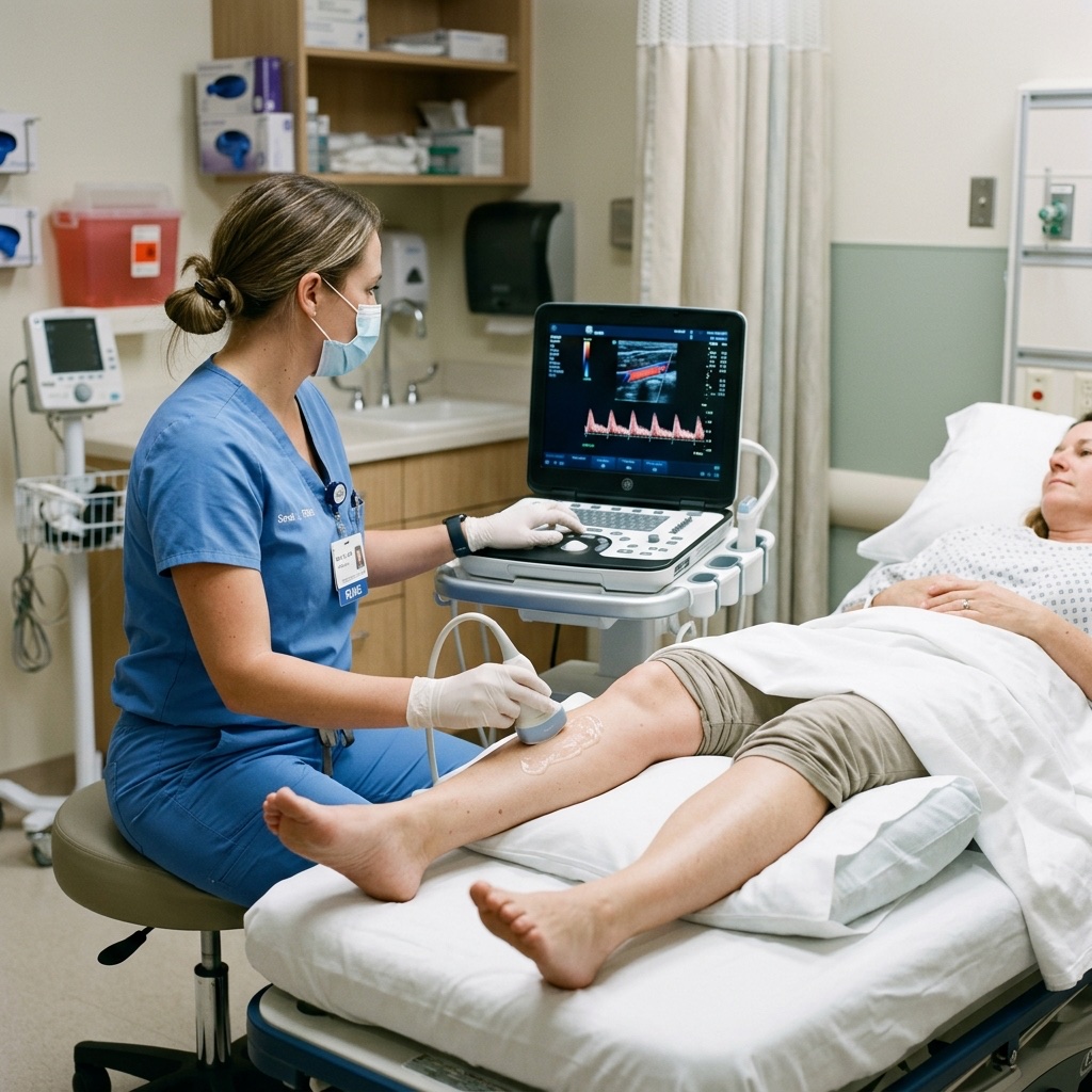 Sonographer performing vascular ultrasound on patient leg