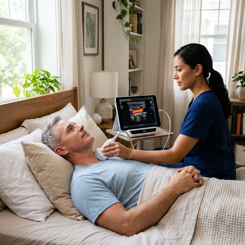 Sonographer performing mobile ultrasound exam in a comfortable home setting